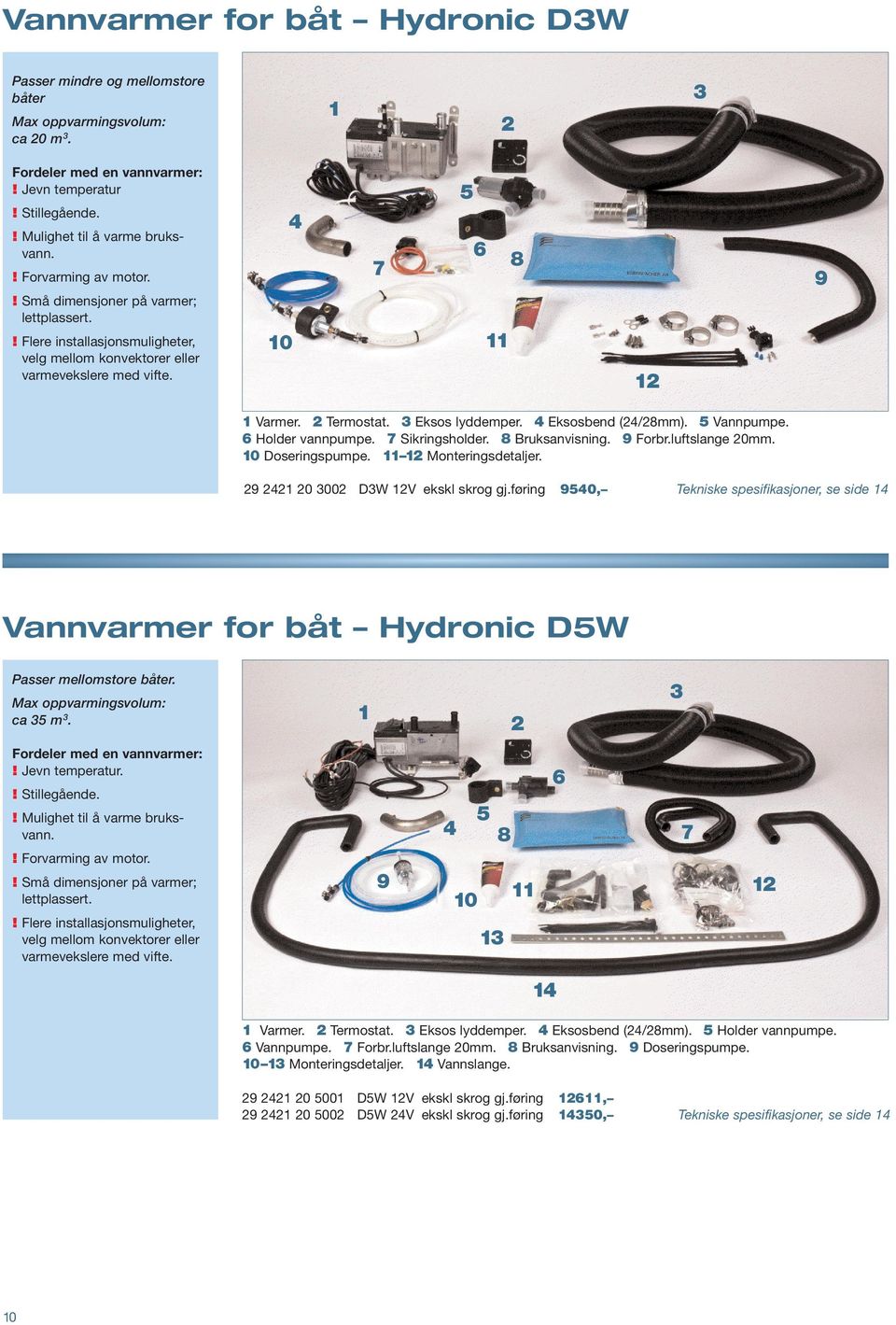 Eksosbend (/8mm). Vannpumpe. Holder vannpumpe. Sikringsholder. 8 Bruksanvisning. 9 Forbr.luftslange 0mm. 0 Doseringspumpe. Monteringsdetaljer. 9 0 00 DW V ekskl skrog gj.