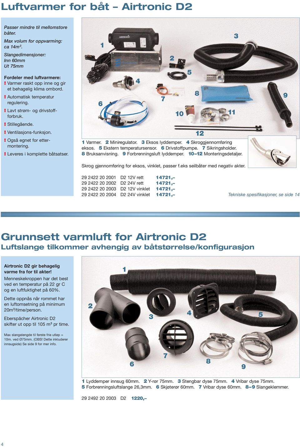 ! Leveres i komplette båtsatser. Varmer. Miniregulator. Eksos lyddemper. Skroggjennomføring eksos. Ekstern temperatursensor. Drivstoffpumpe. Sikringsholder. 8 Bruksanvisning.