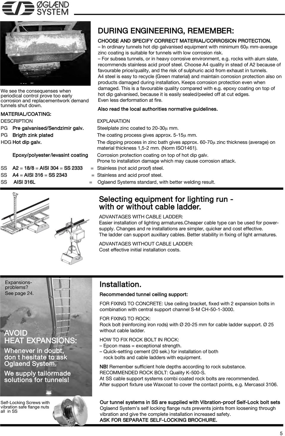 In ordinary tunnels hot dip galvanised equipment with minimum 60μ mm-average zinc coating is suitable for tunnels with low corrosion risk. For subsea tunnels, or in heavy corrosive environment, e.g. rocks with alum slate, recommends stainless acid proof steel.