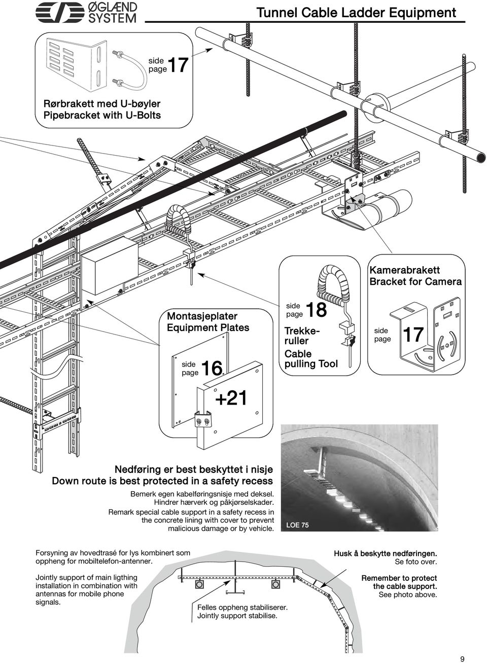 Remark special cable support in a safety recess in the concrete lining with cover to prevent malicious damage or by vehicle.