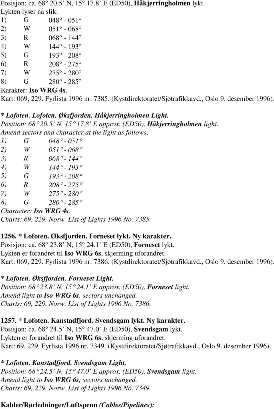 (Kystdirektoratet/Sjøtrafikkavd., Oslo 9. desember 1996). * Lofoten. Lofoten. Øksfjorden. Håkjerringholmen Light. Position: 68 20.5 N, 15 17.8 E approx. (ED50), Håkjerringholmen light.