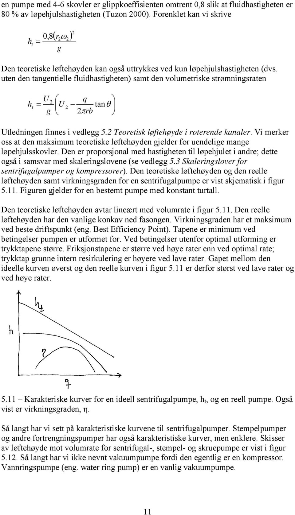 uten den tangentielle fluidhastigheten) samt den volumetriske strømningsraten h t U g 2 U 2 q 2rb tan Utledningen finnes i vedlegg 5.2 Teoretisk løftehøyde i roterende kanaler.