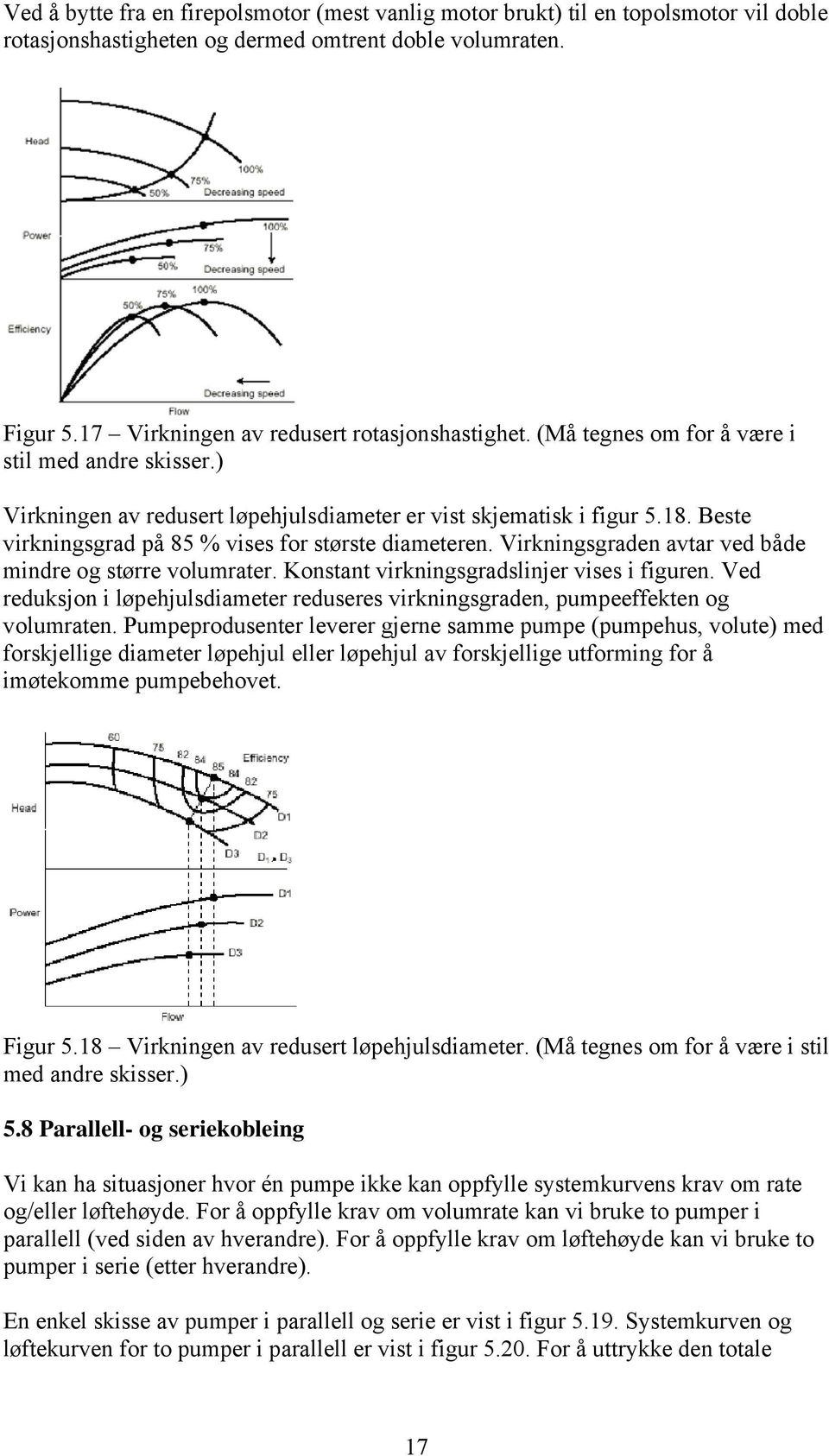 Virkningsgraden avtar ved både mindre og større volumrater. Konstant virkningsgradslinjer vises i figuren. Ved reduksjon i løpehjulsdiameter reduseres virkningsgraden, pumpeeffekten og volumraten.