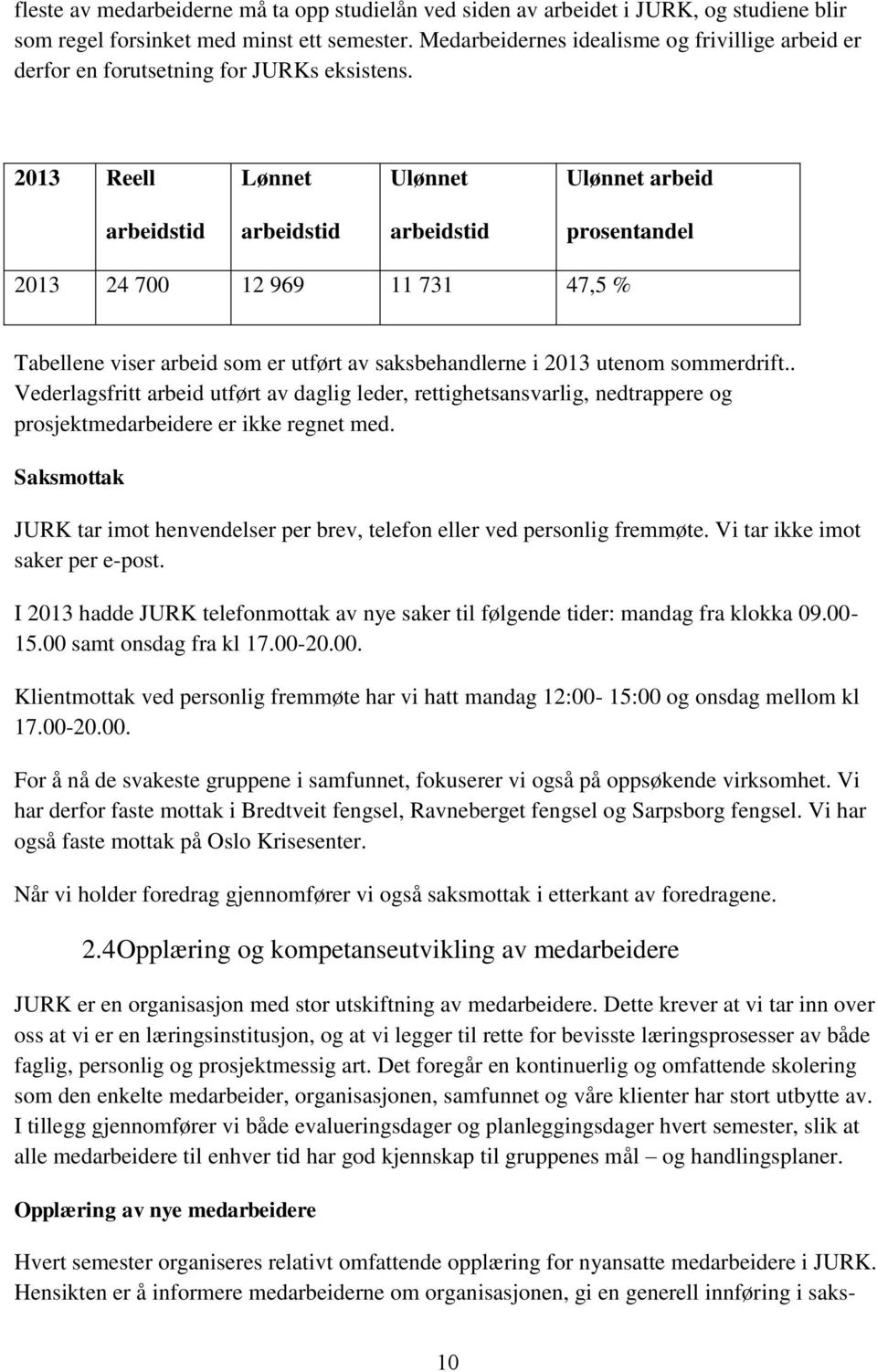 2013 Reell Lønnet Ulønnet Ulønnet arbeid arbeidstid arbeidstid arbeidstid prosentandel 2013 24 700 12 969 11 731 47,5 % Tabellene viser arbeid som er utført av saksbehandlerne i 2013 utenom