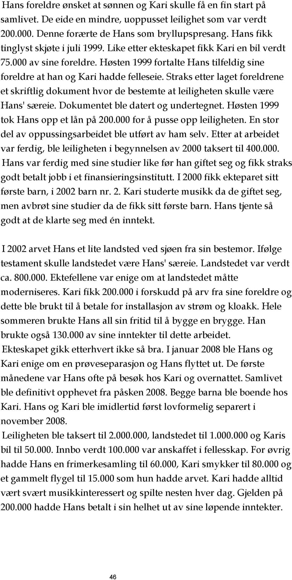 Straks etter laget foreldrene et skriftlig dokument hvor de bestemte at leiligheten skulle være Hans' særeie. Dokumentet ble datert og undertegnet. Høsten 1999 tok Hans opp et lån på 200.