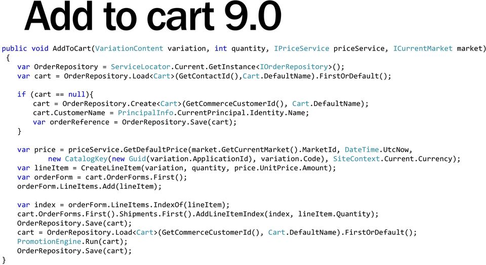 CurrentPrincipal.Identity.Name; var orderreference = OrderRepository.Save(cart); } var price = priceservice.getdefaultprice(market.getcurrentmarket().marketid, DateTime.