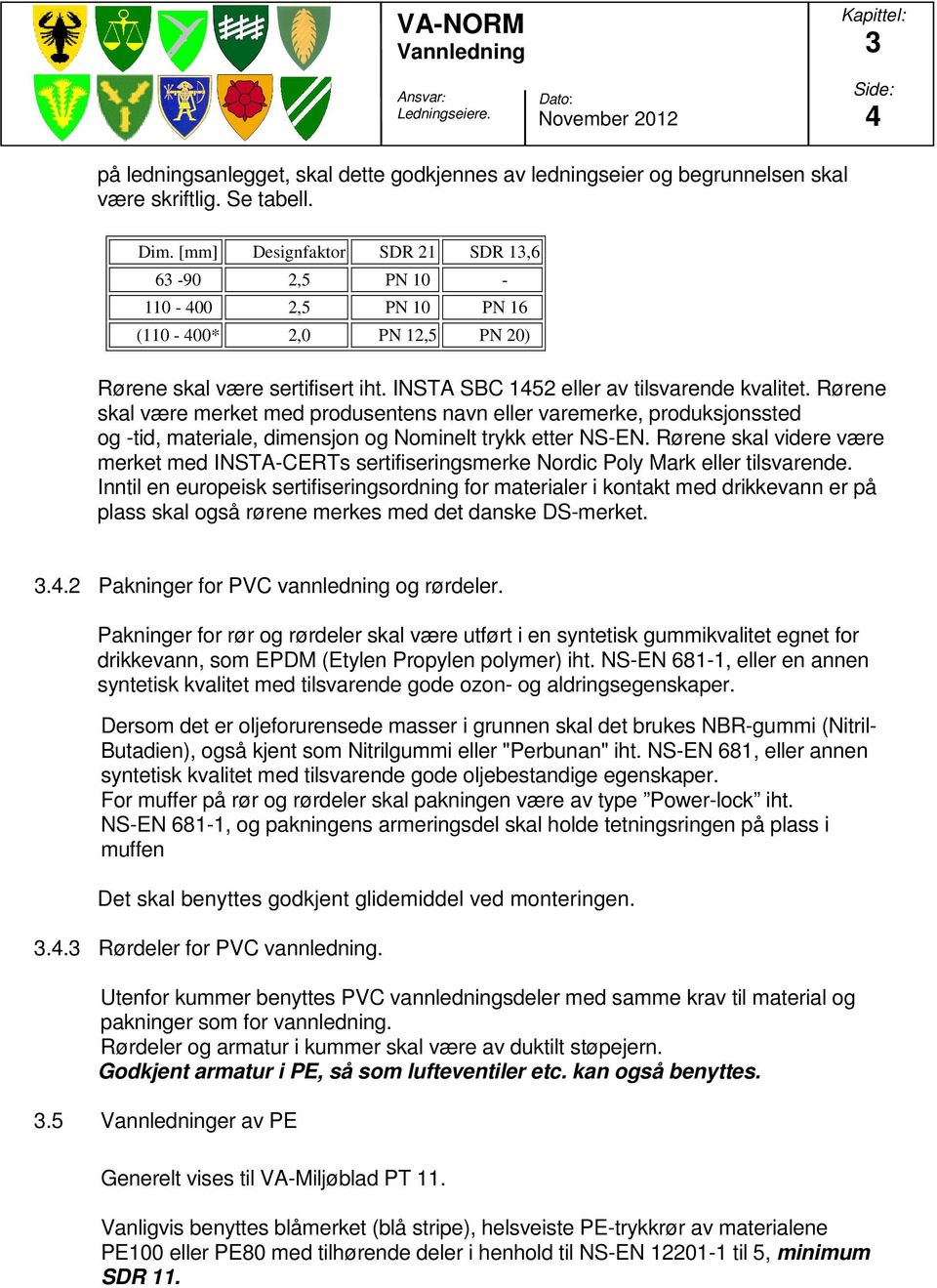 Rørene skal være merket med produsentens navn eller varemerke, produksjonssted og -tid, materiale, dimensjon og Nominelt trykk etter NS-EN.