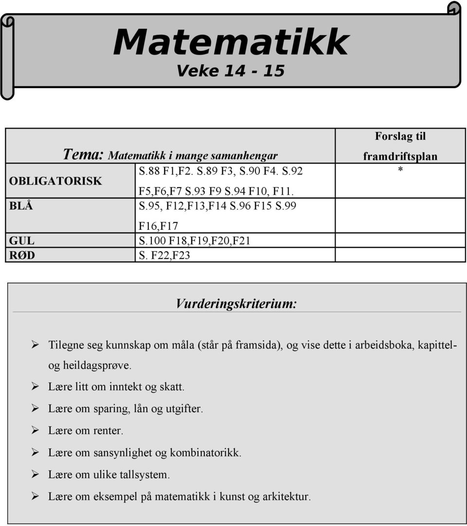 F22,F23 Forslag til framdriftsplan * Vurderingskriterium: Tilegne seg kunnskap om måla (står på framsida), og vise dette i arbeidsboka,