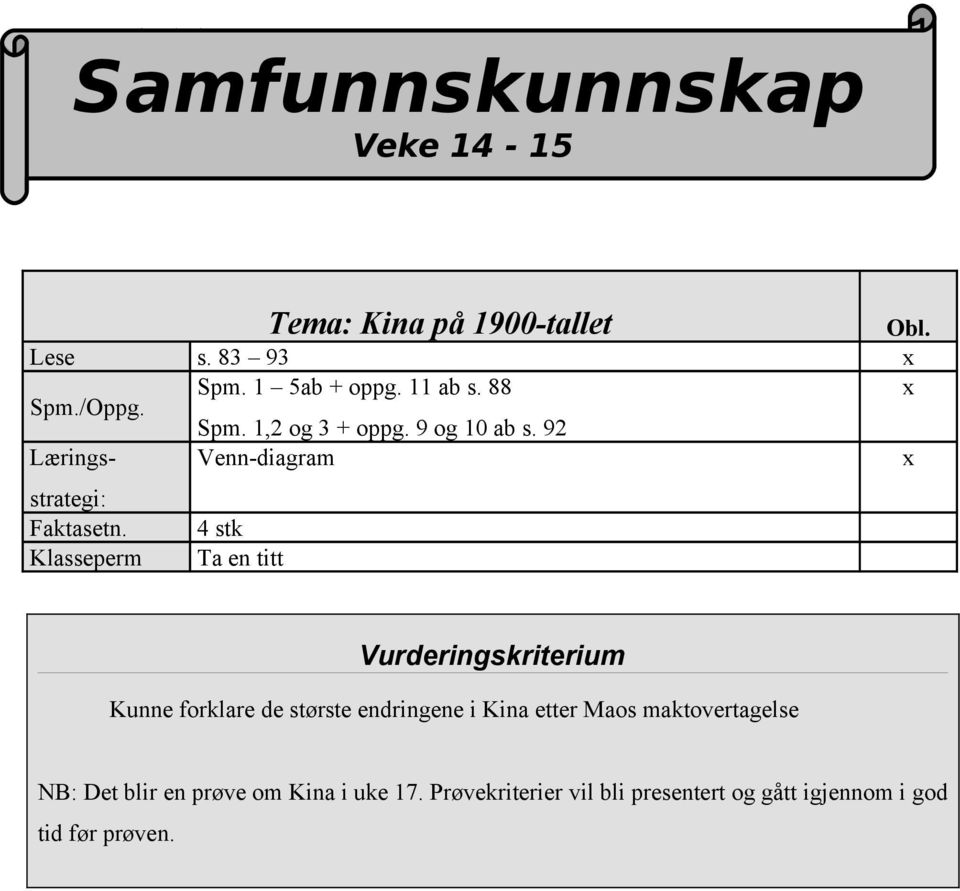 4 stk Klasseperm Ta en titt Vurderingskriterium Kunne forklare de største endringene i Kina etter Maos