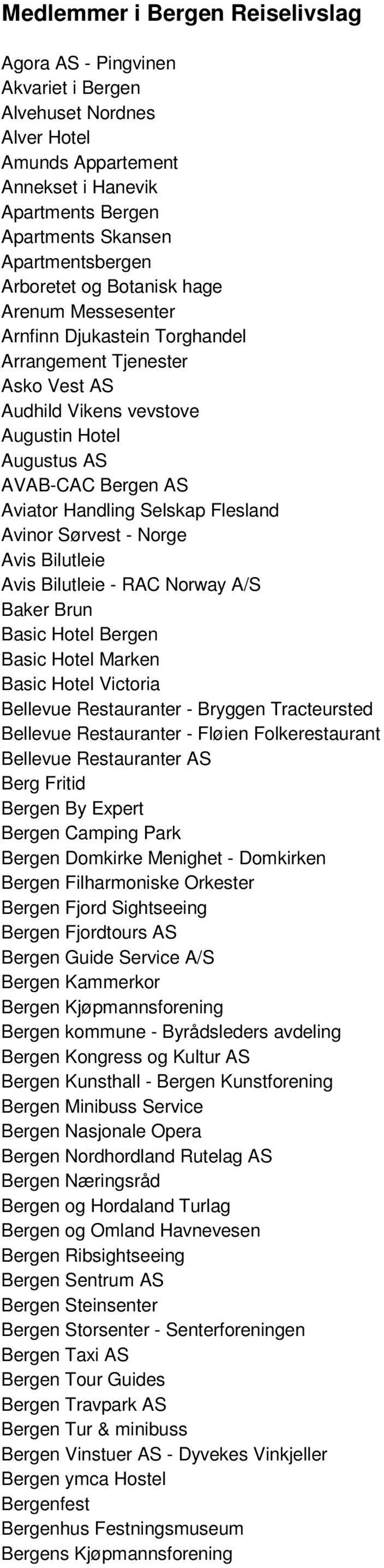 Selskap Flesland Avinor Sørvest - Norge Avis Bilutleie Avis Bilutleie - RAC Norway A/S Baker Brun Basic Hotel Bergen Basic Hotel Marken Basic Hotel Victoria Bellevue Restauranter - Bryggen