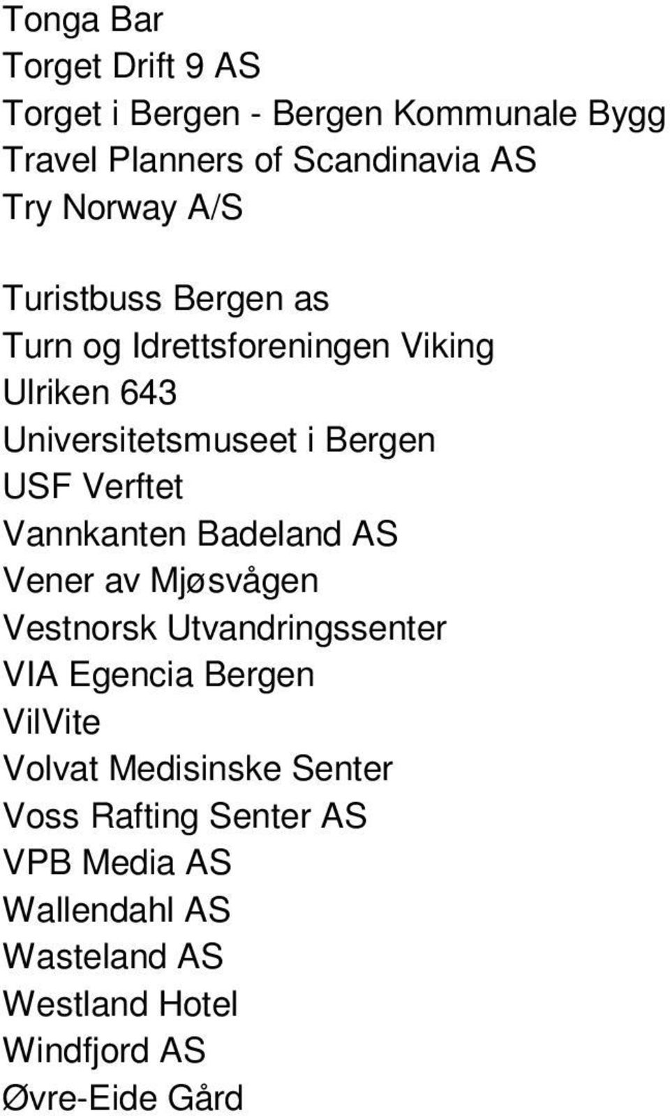 Vannkanten Badeland AS Vener av Mjøsvågen Vestnorsk Utvandringssenter VIA Egencia Bergen VilVite Volvat