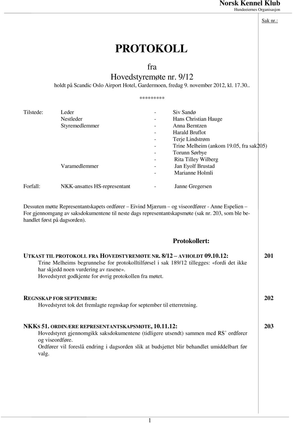 05, fra sak205) - Torunn Sørbye - Rita Tilley Wilberg Varamedlemmer - Jan Eyolf Brustad - Marianne Holmli Forfall: NKK-ansattes HS-representant - Janne Gregersen Dessuten møtte Representantskapets