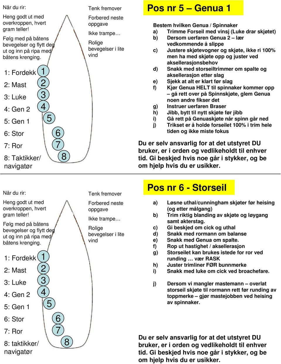 aksellerasjon etter slag e) Sjekk at alt er klart før slag f) Kjør Genua HELT til spinnaker kommer opp gå rett over på Spinnskjøte, glem Genua noen andre fikser det g) Instruer uerfaren Braser h)