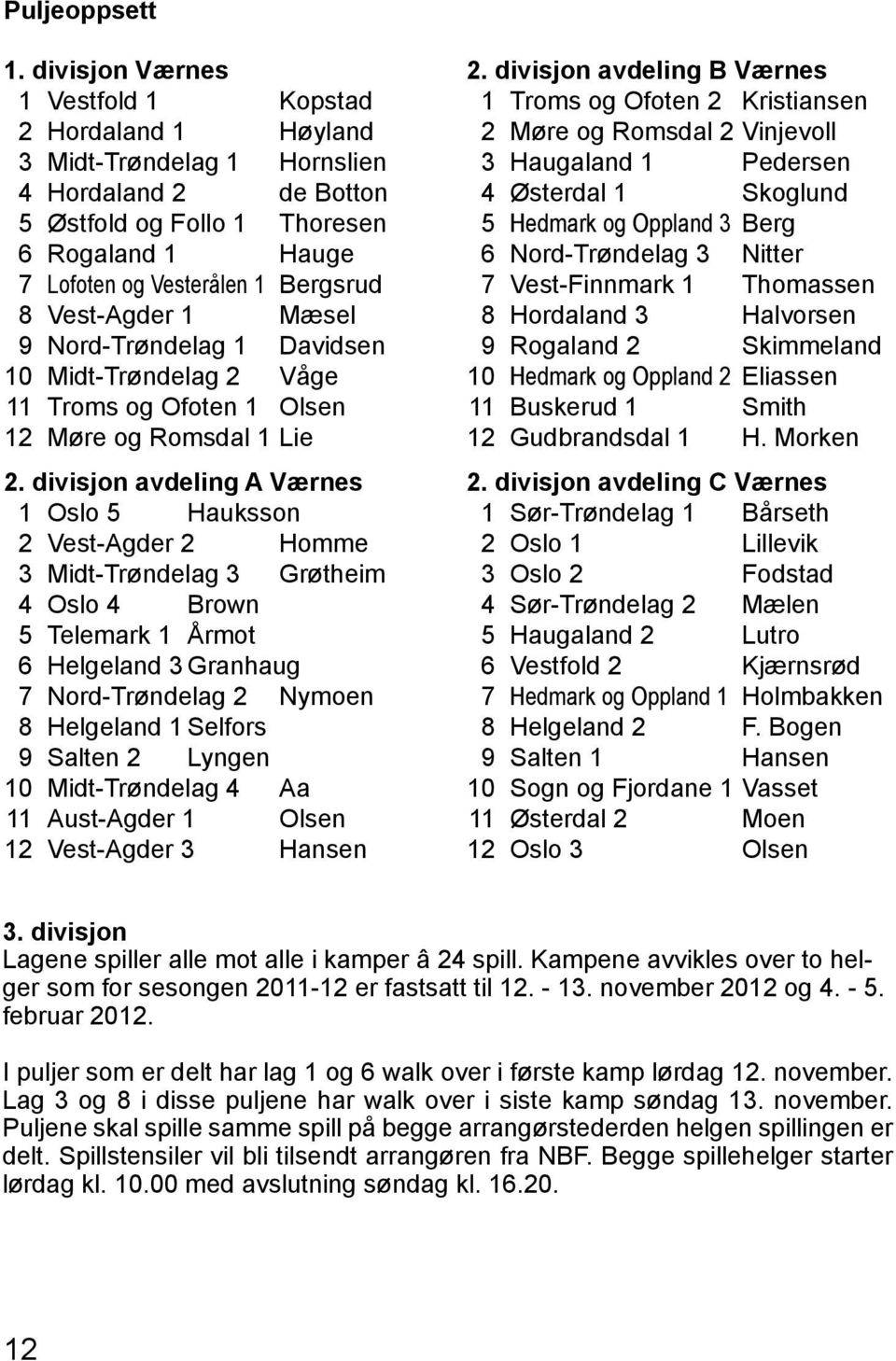 Vest-Agder 1 Mæsel 9 Nord-Trøndelag 1 Davidsen 10 Midt-Trøndelag 2 Våge 11 Troms og Ofoten 1 Olsen 12 Møre og Romsdal 1 Lie 2.