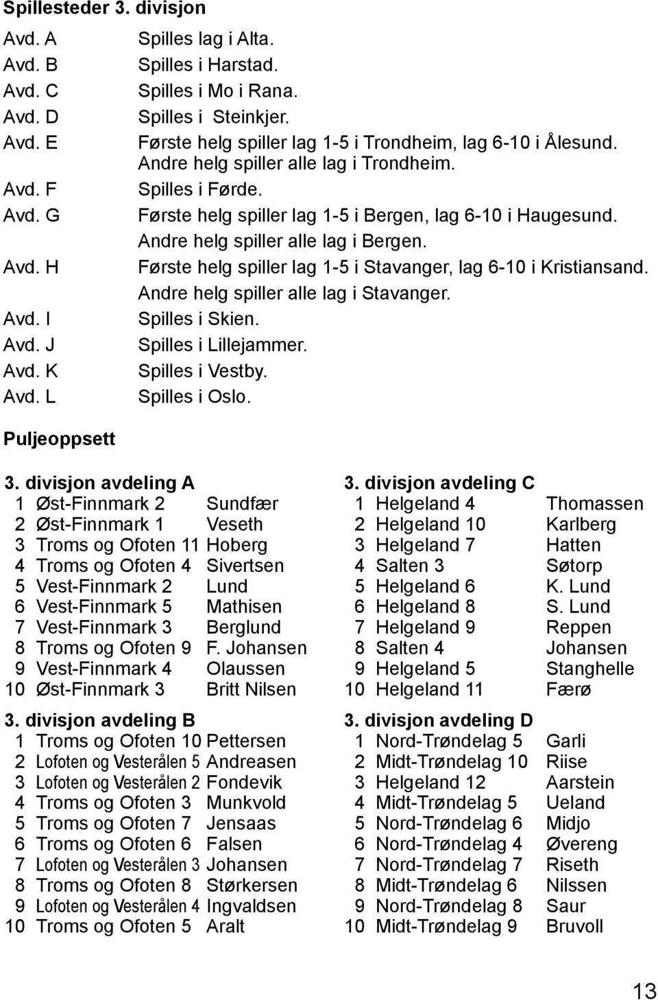 Andre helg spiller alle lag i Stavanger. Avd. I Spilles i Skien. Avd. J Spilles i Lillejammer. Avd. K Spilles i Vestby. Avd. L Spilles i Oslo. Puljeoppsett 3.