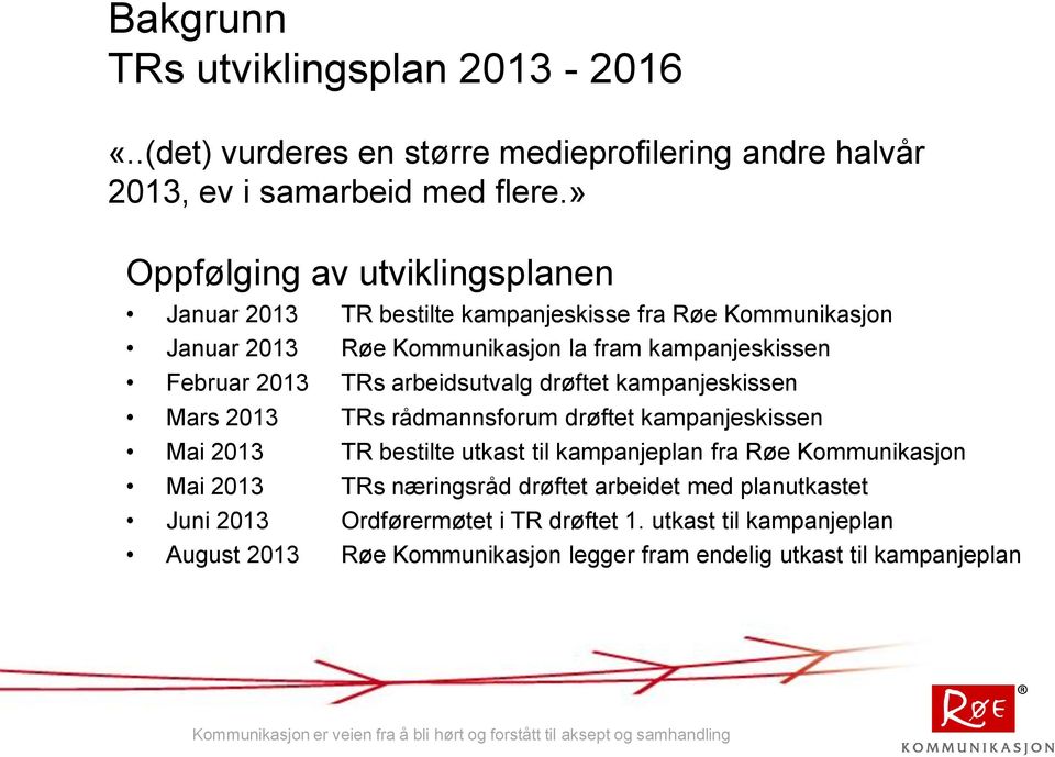 TRs arbeidsutvalg drøftet kampanjeskissen Mars 2013 TRs rådmannsforum drøftet kampanjeskissen Mai 2013 TR bestilte utkast til kampanjeplan fra Røe Kommunikasjon