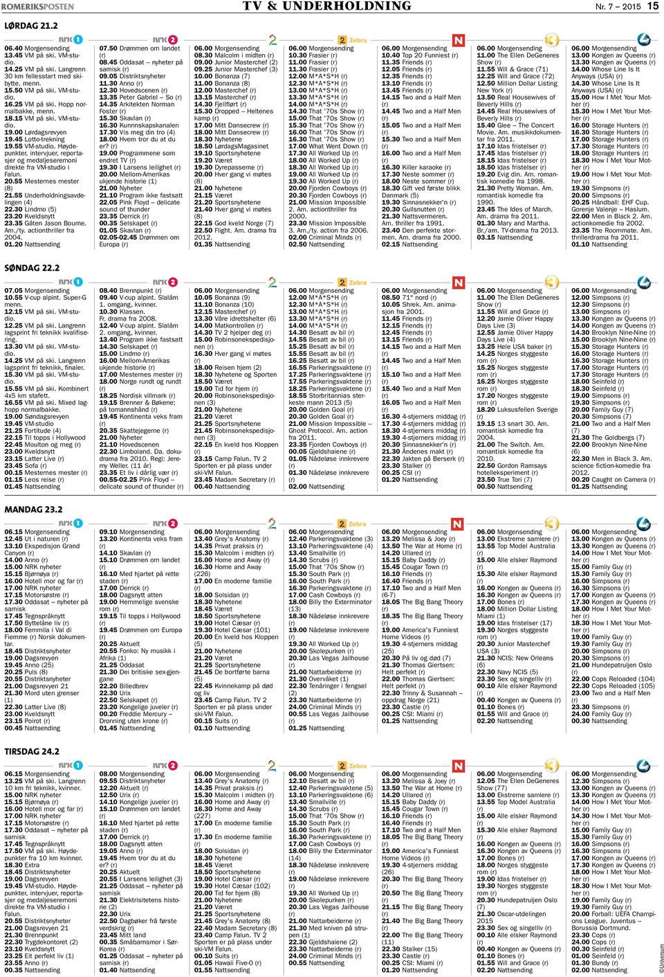 Høydepunkter, intervjuer, reportasjer og medaljeseremoni direkte fra VM-studio i Falun. 20.55 Mesternes mester (8) 21.55 Underholdningsavdelingen (4) 22.30 Lindmo (5) 23.20 Kveldsnytt 23.