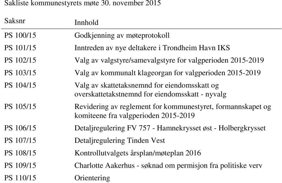 2015-2019 PS 103/15 Valg av kommunalt klageorgan for valgperioden 2015-2019 PS 104/15 PS 105/15 PS 106/15 PS 107/15 Valg av skattetaksnemnd for eiendomsskatt og overskattetakstnemnd for