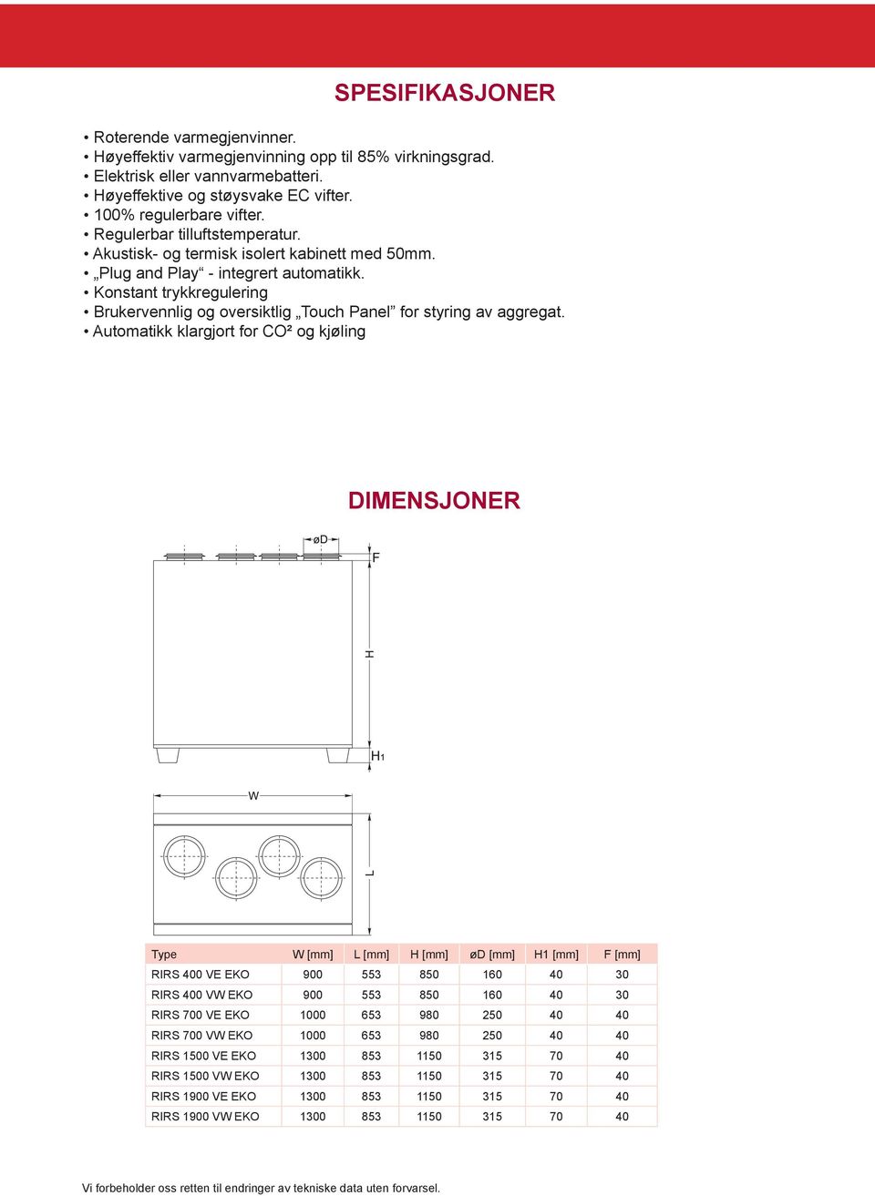 Automatikk klargjort for CO² og kjøling DIMENSJONER Type W [mm] L [mm] H [mm] ød [mm] H1 [mm] F [mm] RIRS 400 VE EKO 900 553 850 160 40 30 RIRS 400 VW EKO 900 553 850 160 40 30 RIRS 700 VE EKO 1000