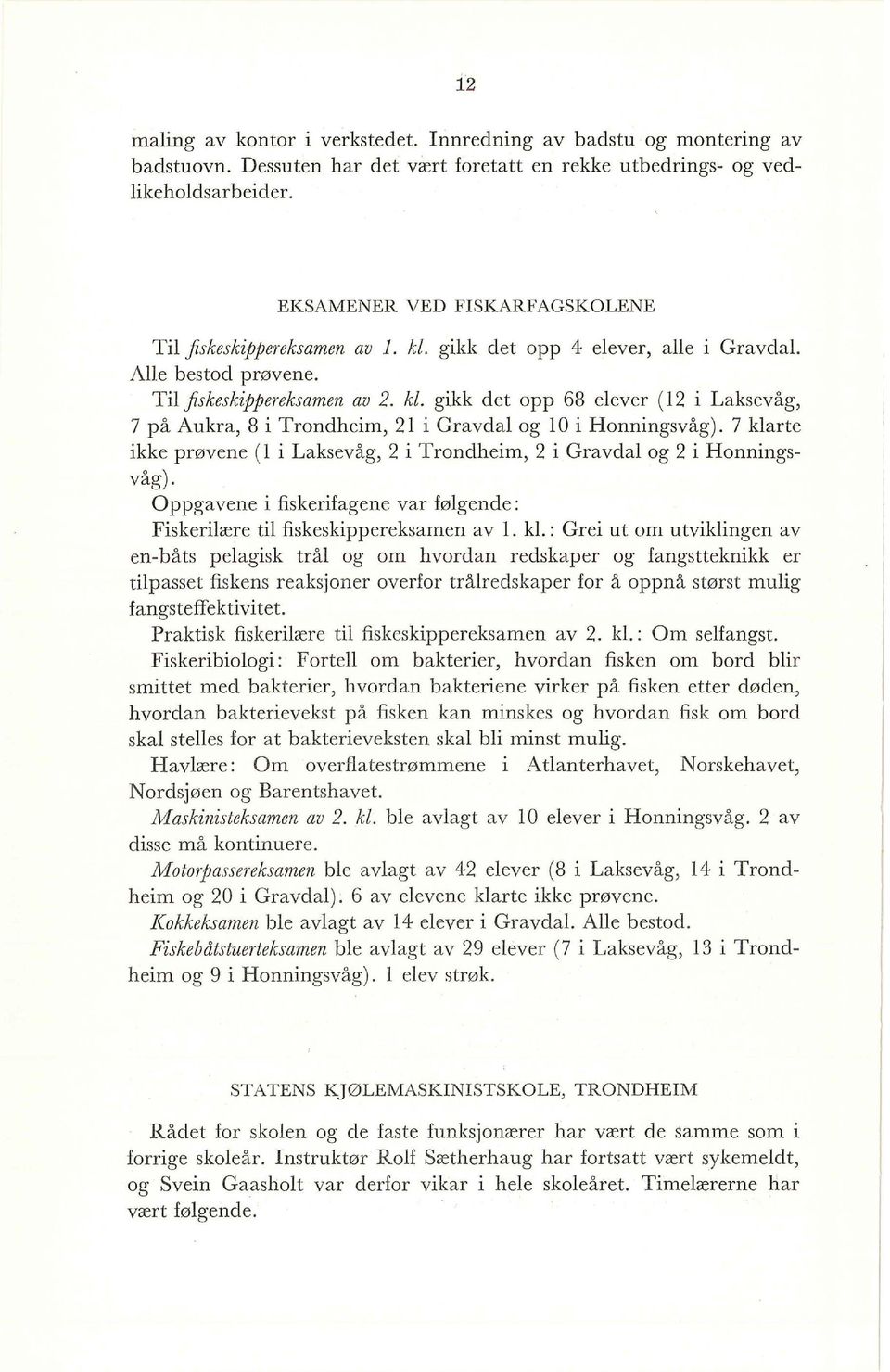 7 klarte ikke prøvene (l i Laksevåg, 2 i Trondheim, 2 i Gravdal og 2 i Honningsvåg). Oppga vene i fiskerifagene var følgende : Fiskerilære til fiskeskippereksamen av l. kl.: Grei ut om utviklingen av en-båts pelagisk trål og om hvordan redskaper og fangstteknikk er tilpasset fiskens reaksjoner overfor trålredskaper for å oppnå størst mulig fangsteffektivitet.