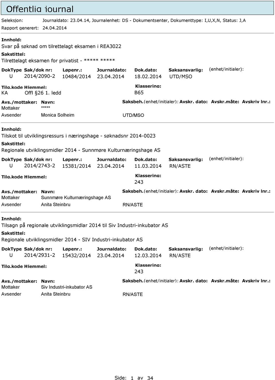 ledd B65 Mottaker ***** Monica Solheim TD/MSO Tilskot til utviklingsressurs i næringshage - søknadsnr 2014-0023 Regionale utviklingsmidler 2014 - Sunnmøre Kulturnæringshage AS 2014/2743-2 15381/2014