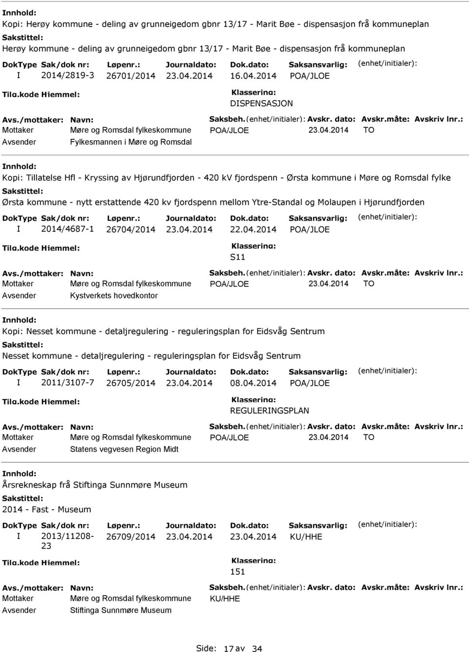 2014 POA/JLOE DSPENSASJON Mottaker Møre og Romsdal fylkeskommune POA/JLOE TO Fylkesmannen i Møre og Romsdal Kopi: Tillatelse Hfl - Kryssing av Hjørundfjorden - 420 kv fjordspenn - Ørsta kommune i