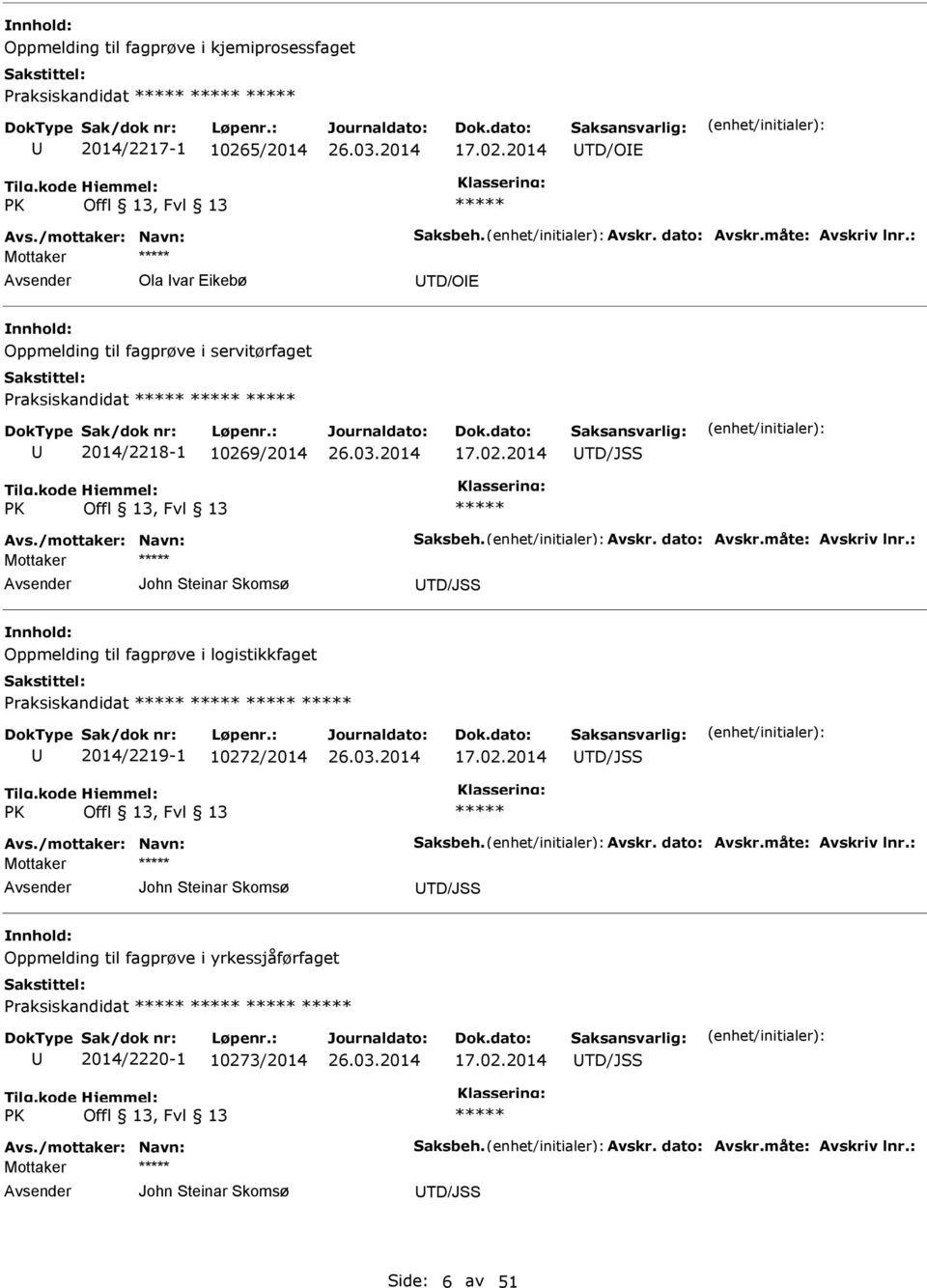 02.2014 TD/JSS PK Offl 13, Fvl 13 John Steinar Skomsø TD/JSS Oppmelding til fagprøve i logistikkfaget Praksiskandidat 2014/2219-1 10272/2014 17.02.2014 TD/JSS PK Offl 13, Fvl 13 John Steinar Skomsø TD/JSS Oppmelding til fagprøve i yrkessjåførfaget Praksiskandidat 2014/2220-1 10273/2014 17.