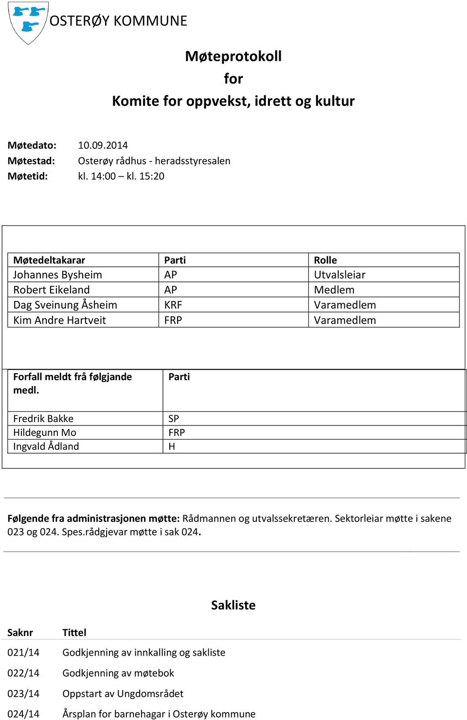 følgjande medl. Fredrik Bakke Hildegunn Mo Ingvald Ådland Parti SP FRP H Følgende fra administrasjonen møtte: Rådmannen og utvalssekretæren. Sektorleiar møtte i sakene 023 og 024.