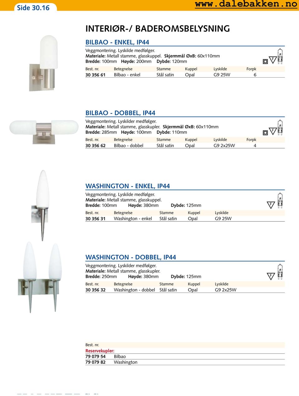 Materiale: Metall stamme, glasskupler. Skjermmål ØxB: 60x110mm Bredde: 285mm Høyde: 100mm Dybde: 110mm orpk 30 356 62 Bilbao - dobbel Stål satin Opal G9 2x25W 4 Washington - ENKEL, IP44 Veggmontering.