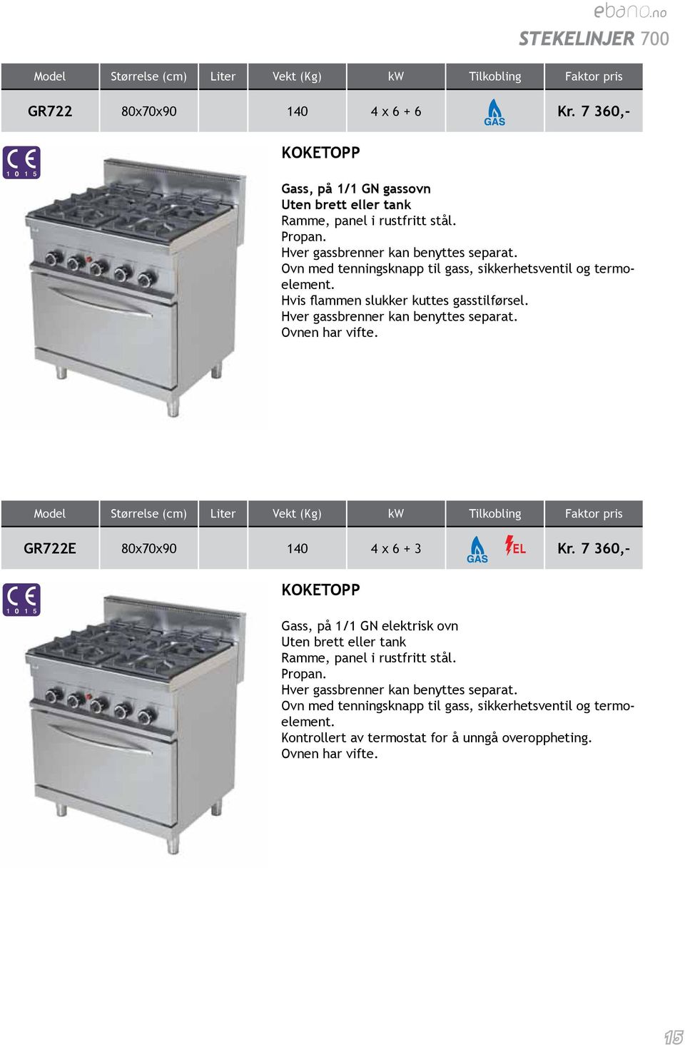 Hver gassbrenner kan benyttes separat. Ovnen har vifte. GR722E 80x70x90 140 4 x 6 + 3 Kr.