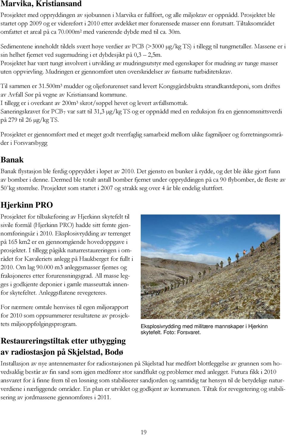 Sedimentene inneholdt tildels svært høye verdier av PCB (>3000 µg/kg TS) i tillegg til tungmetaller. Massene er i sin helhet fjernet ved sugemudring i et dybdesjikt på 0,3 2,5m.