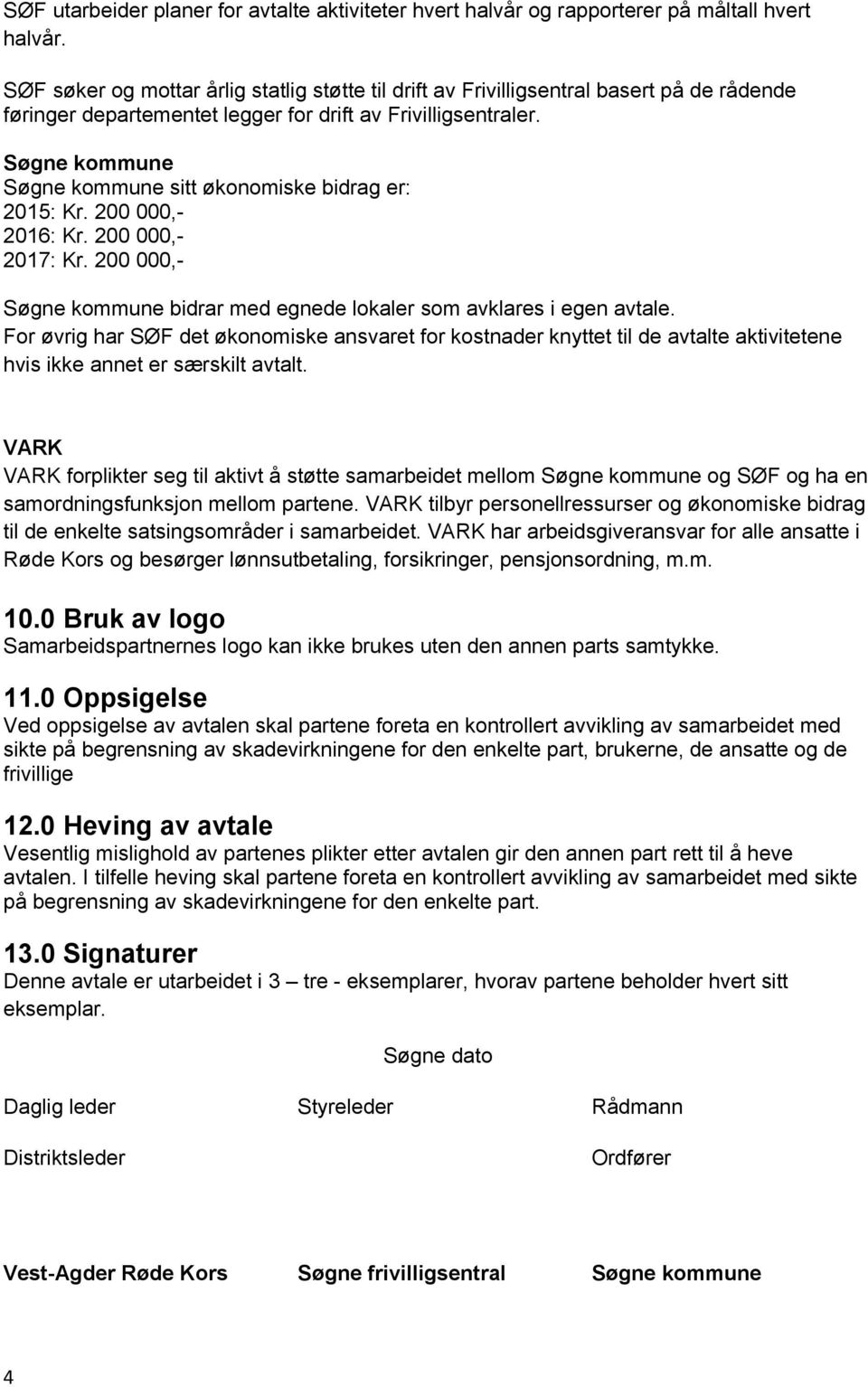 Søgne kommune Søgne kommune sitt økonomiske bidrag er: 2015: Kr. 200 000,- 2016: Kr. 200 000,- 2017: Kr. 200 000,- Søgne kommune bidrar med egnede lokaler som avklares i egen avtale.