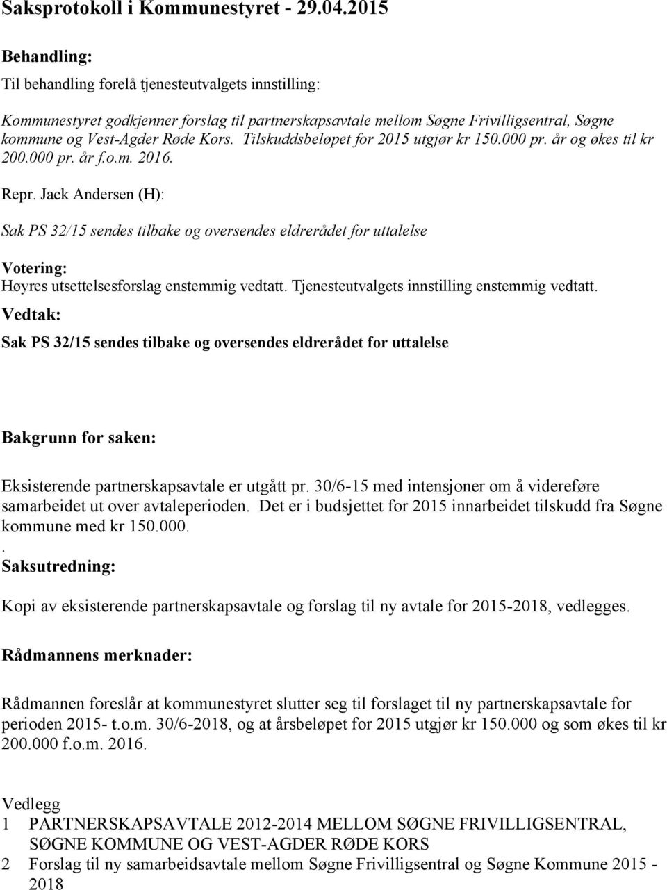 Tilskuddsbeløpet for 2015 utgjør kr 150.000 pr. år og økes til kr 200.000 pr. år f.o.m. 2016. Repr.