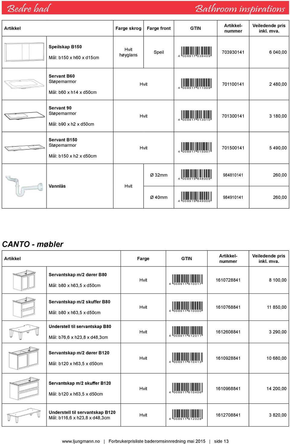 008919 849006 984910141 260,00 CANTO - møbler Artikkel GTIN Servantskap m/2 dører B80 Mål: b80 x h63,5 x d50cm 4 008911 610017 1610728841 8 100,00 Servantskap m/2 skuffer B80 Mål: b80 x h63,5 x d50cm