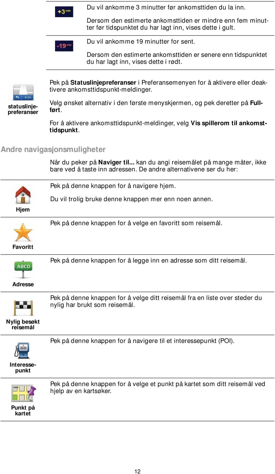 Pek på Statuslinjepreferanser i Preferansemenyen for å aktivere eller deaktivere ankomsttidspunkt-meldinger.