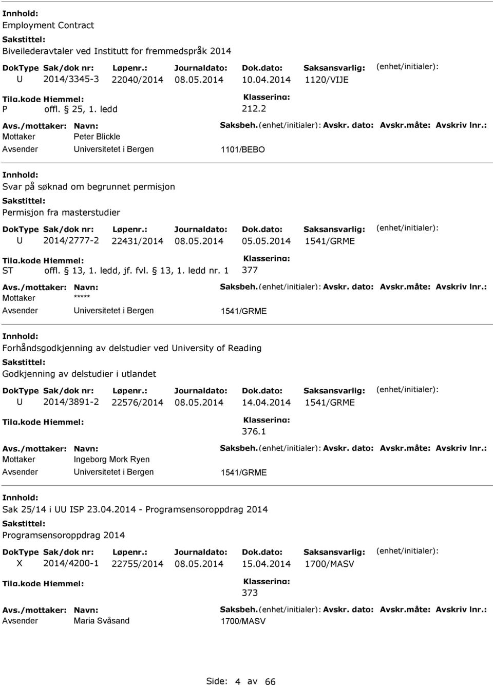 05.2014 1541/GRME 377 Mottaker niversitetet i Bergen 1541/GRME Forhåndsgodkjenning av delstudier ved niversity of Reading Godkjenning av delstudier i utlandet 2014/3891-2