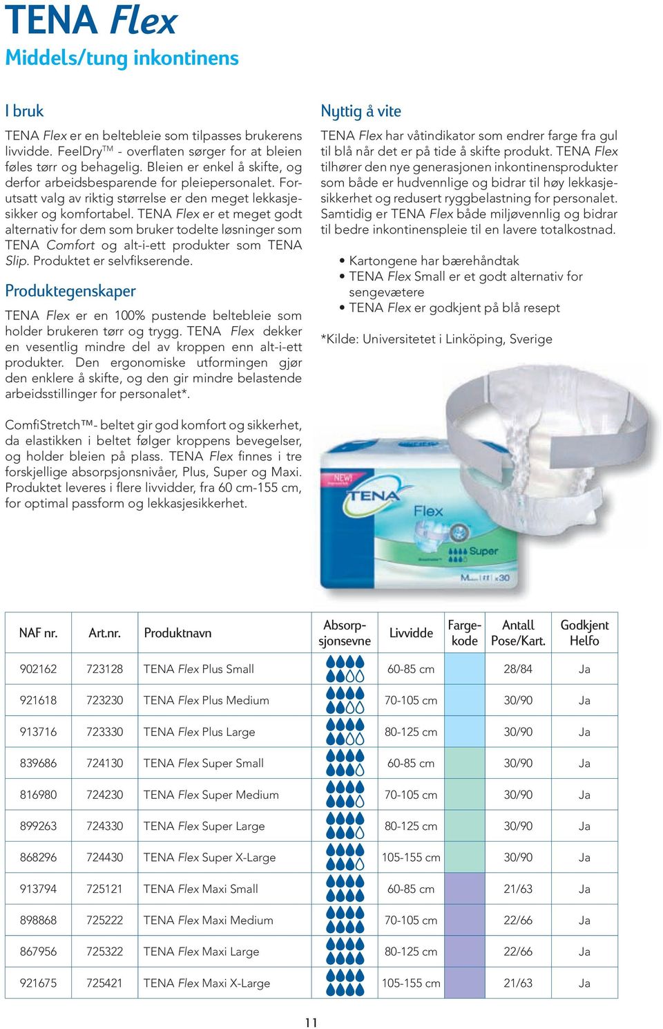 TENA Flex er et meget godt alternativ for dem som bruker todelte løsninger som TENA Comfort og alt-i-ett produkter som TENA Slip. Produktet er selvfikserende.