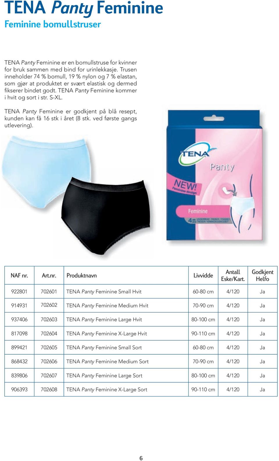 TENA Panty Feminine er godkjent på blå resept, kunden kan få 16 stk i året (8 stk. ved første gangs utlevering). NAF nr. Art.nr. Produktnavn Livvidde Eske/Kart.