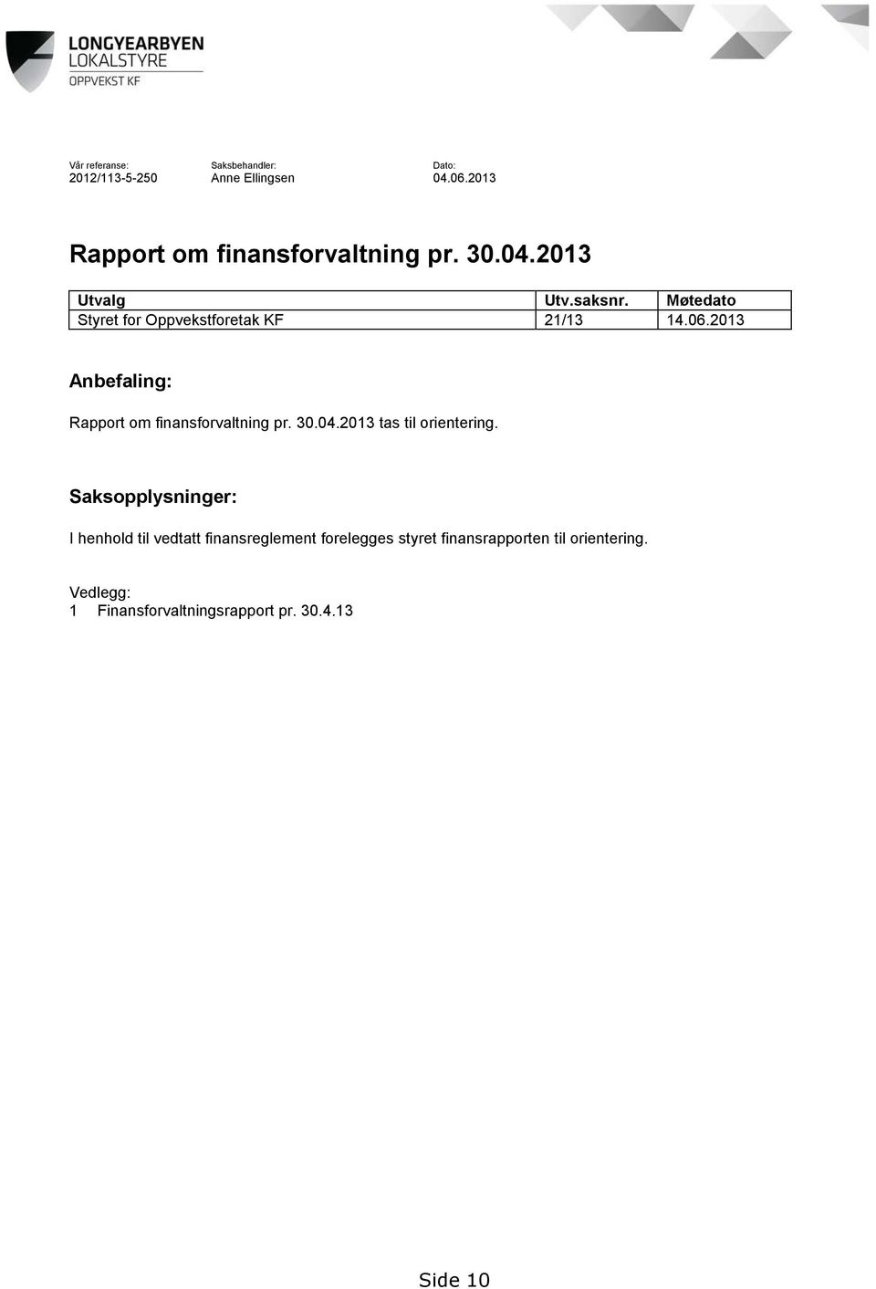 2013 Anbefaling: Rapport om finansforvaltning pr. 30.04.2013 tas til orientering.