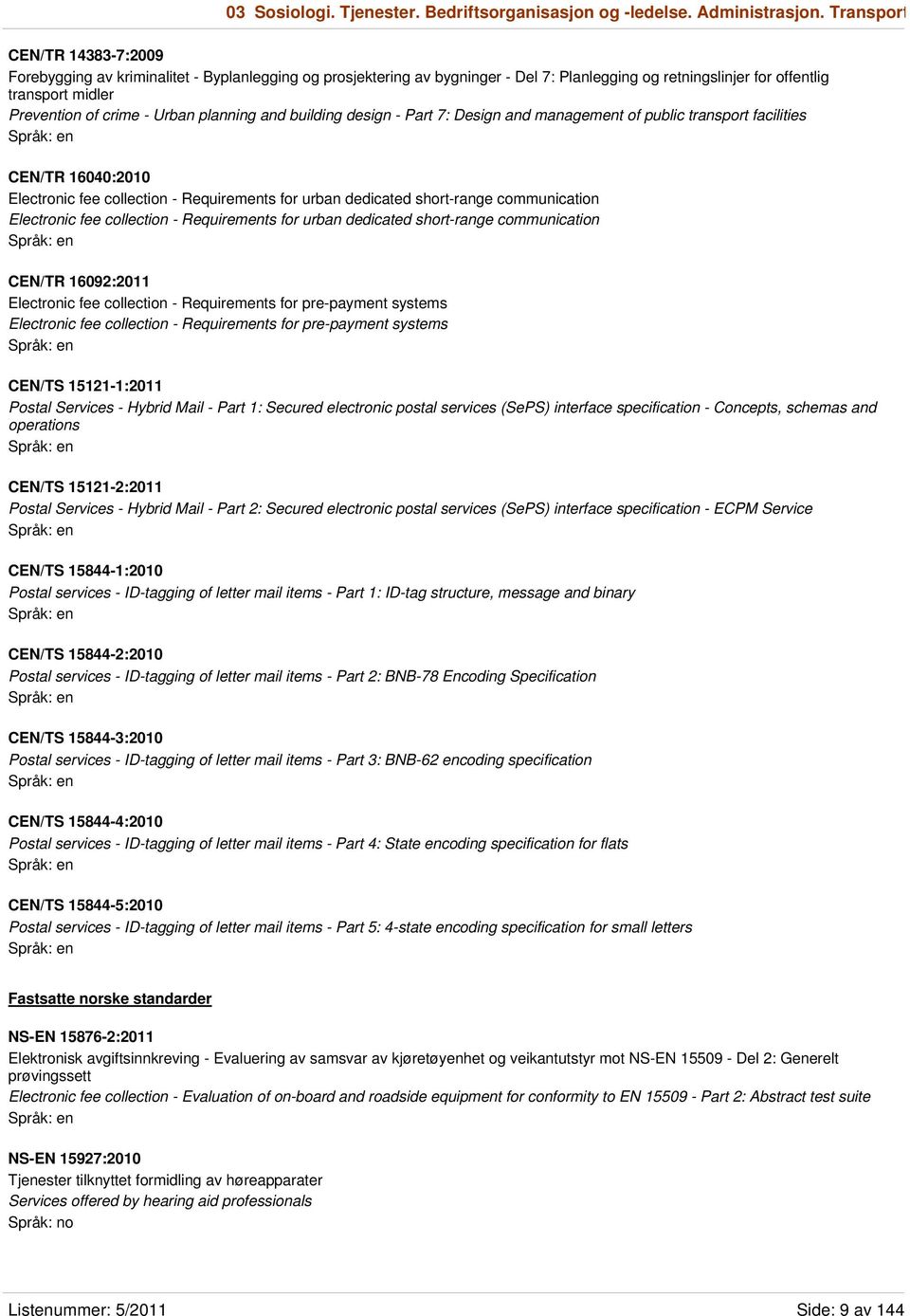 Urban planning and building design - Part 7: Design and management of public transport facilities CEN/TR 16040:2010 Electronic fee collection - Requirements for urban dedicated short-range