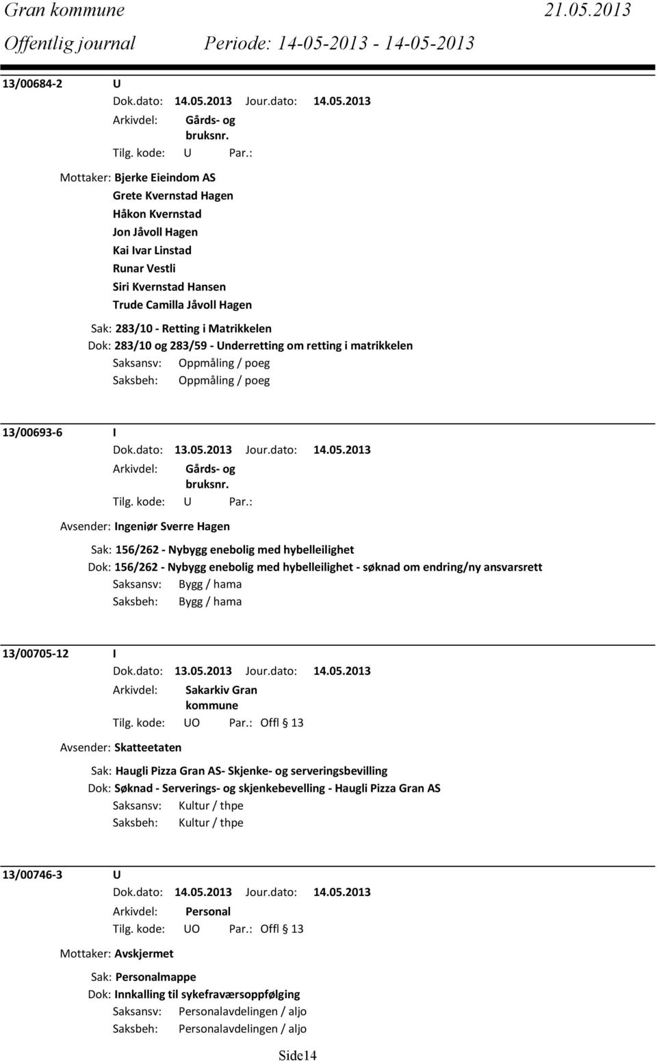 Retting i Matrikkelen Dok: 283/10 og 283/59 - Underretting om retting i matrikkelen Saksansv: Oppmåling / poeg Saksbeh: Oppmåling / poeg 13/00693-6 I Avsender: Ingeniør Sverre Hagen Sak: 156/262 -