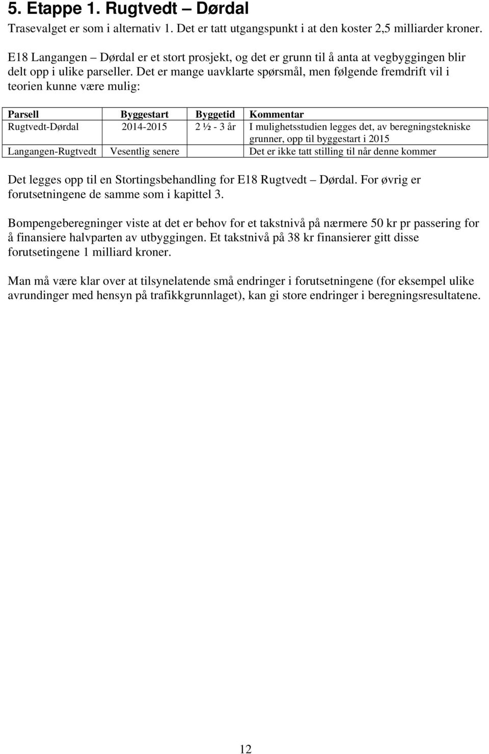 Det er mange uavklarte spørsmål, men følgende fremdrift vil i teorien kunne være mulig: Parsell Byggestart Byggetid Kommentar Rugtvedt-Dørdal 2014-2015 2 ½ - 3 år I mulighetsstudien legges det, av