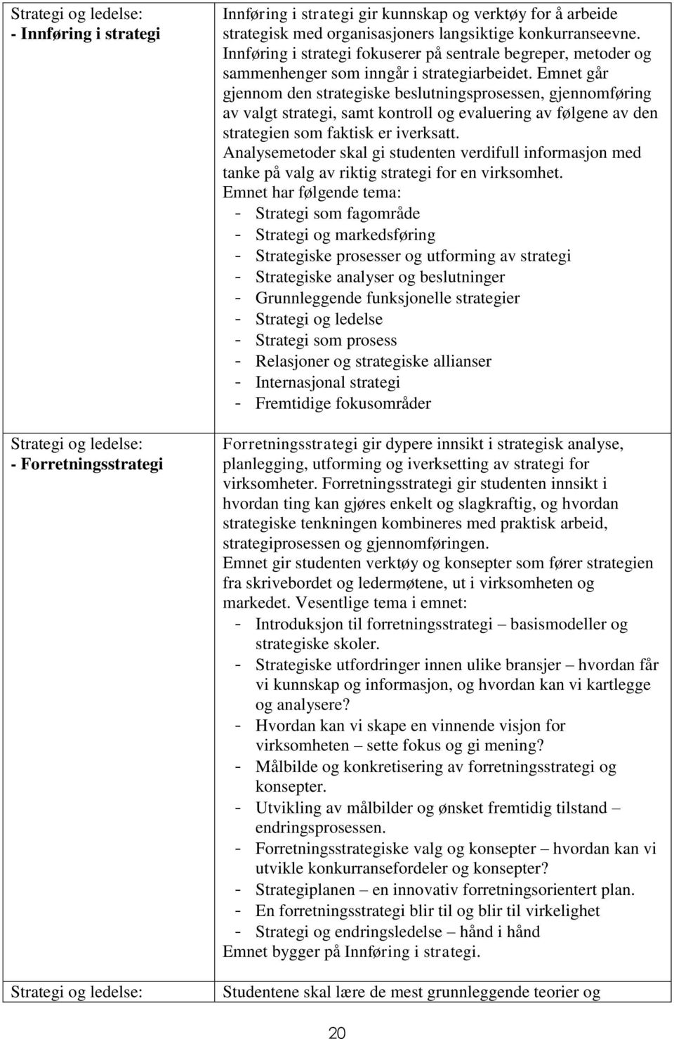 Emnet går gjennom den strategiske beslutningsprosessen, gjennomføring av valgt strategi, samt kontroll og evaluering av følgene av den strategien som faktisk er iverksatt.