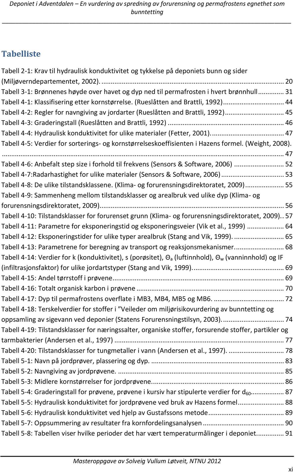 .. 44 Tabell 4-2: Regler for navngiving av jordarter (Rueslåtten and Brattli, 1992)... 45 Tabell 4-3: Graderingstall (Rueslåtten and Brattli, 1992).