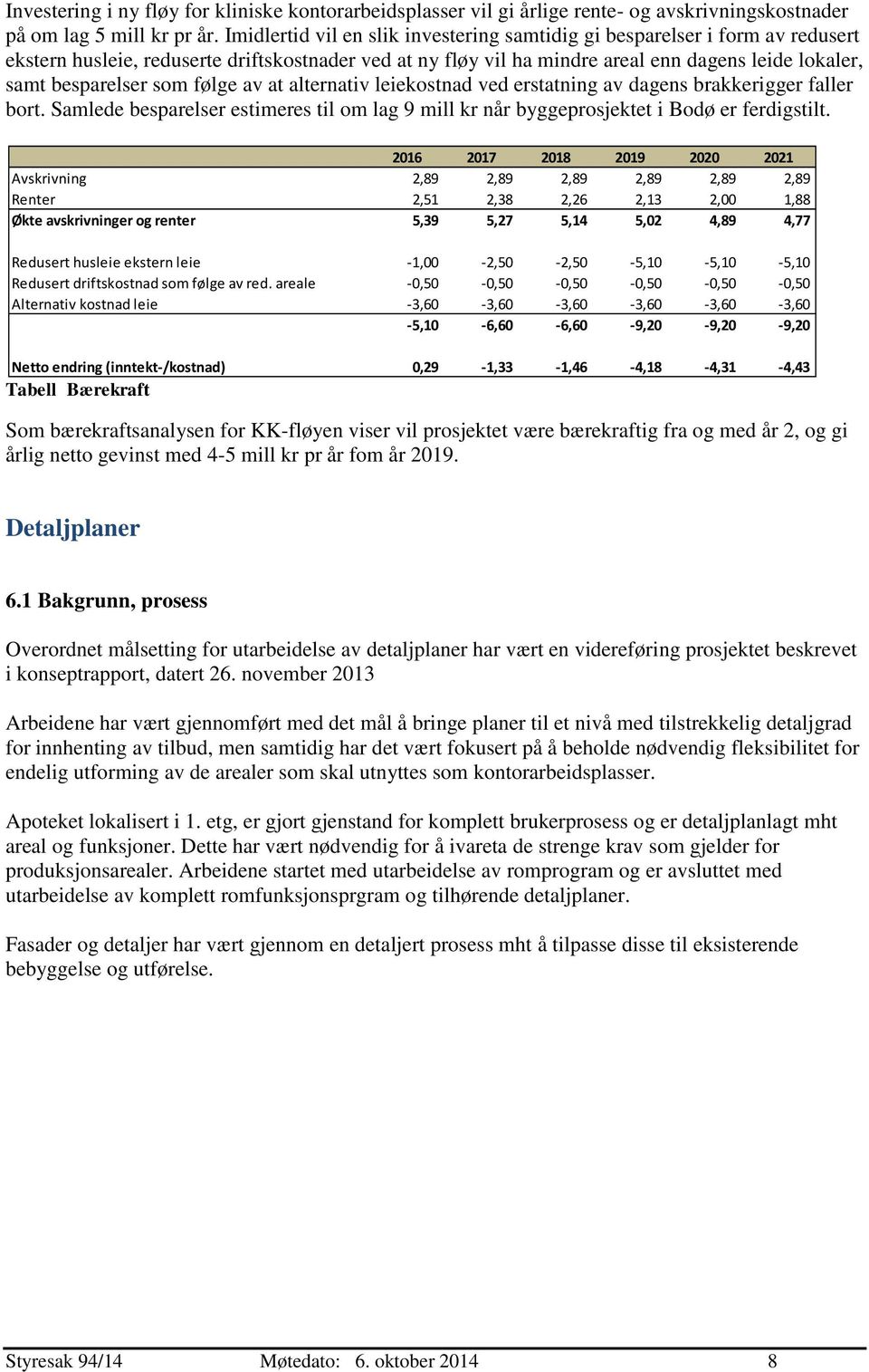 som følge av at alternativ leiekostnad ved erstatning av dagens brakkerigger faller bort. Samlede besparelser estimeres til om lag 9 mill kr når byggeprosjektet i Bodø er ferdigstilt.