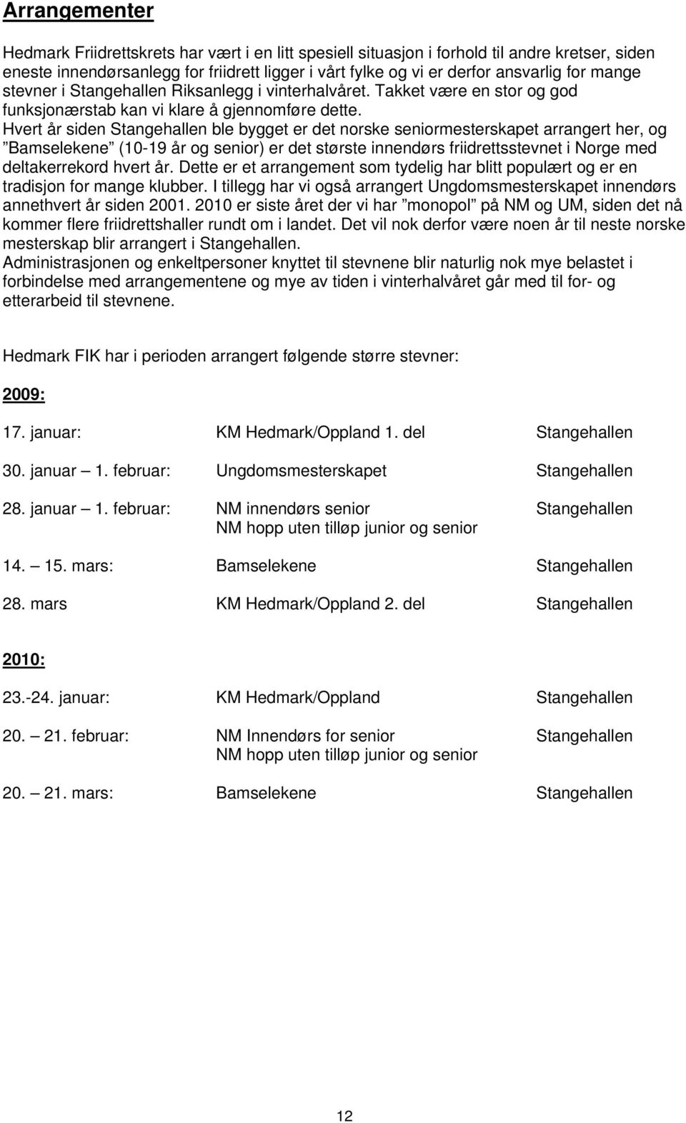 Hvert år siden Stangehallen ble bygget er det norske seniormesterskapet arrangert her, og Bamselekene (10-19 år og senior) er det største innendørs friidrettsstevnet i Norge med deltakerrekord hvert