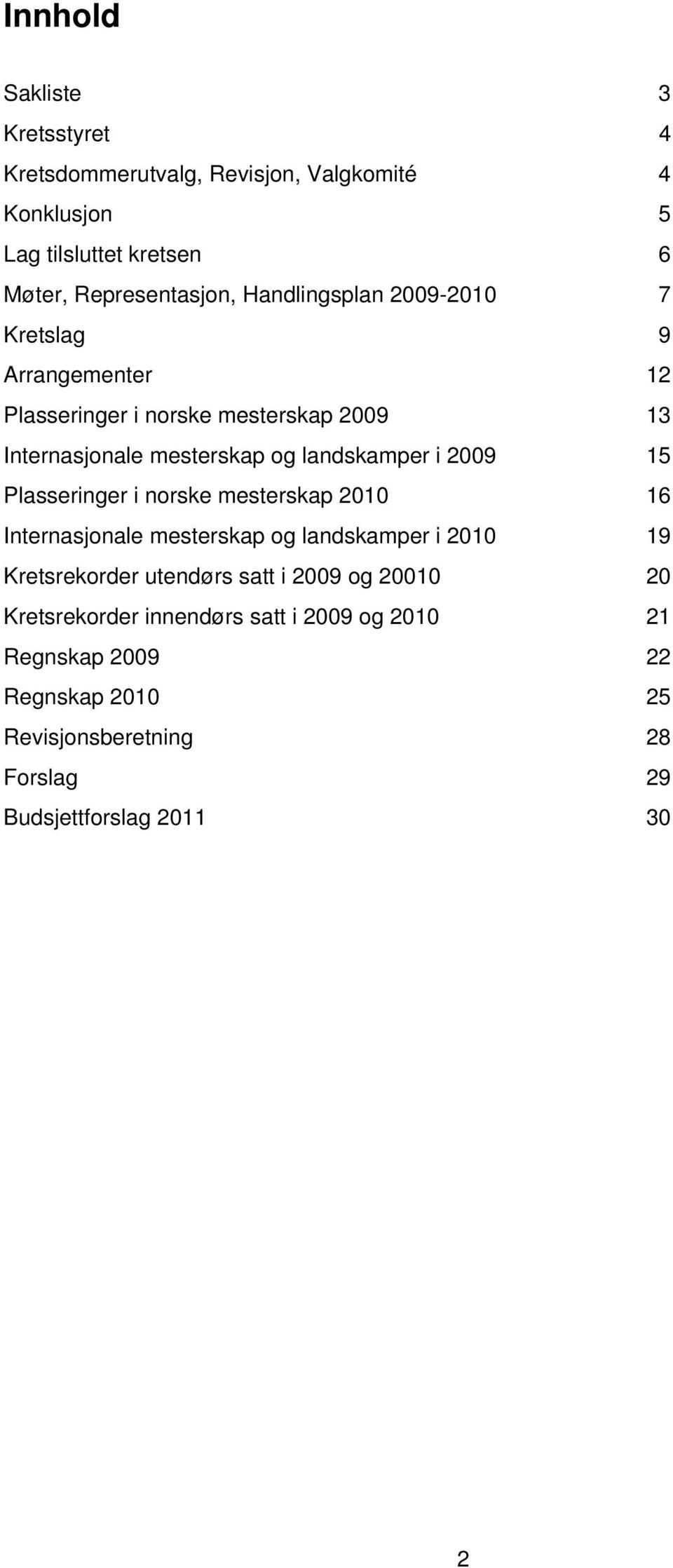 2009 15 Plasseringer i norske mesterskap 2010 16 Internasjonale mesterskap og landskamper i 2010 19 Kretsrekorder utendørs satt i 2009 og