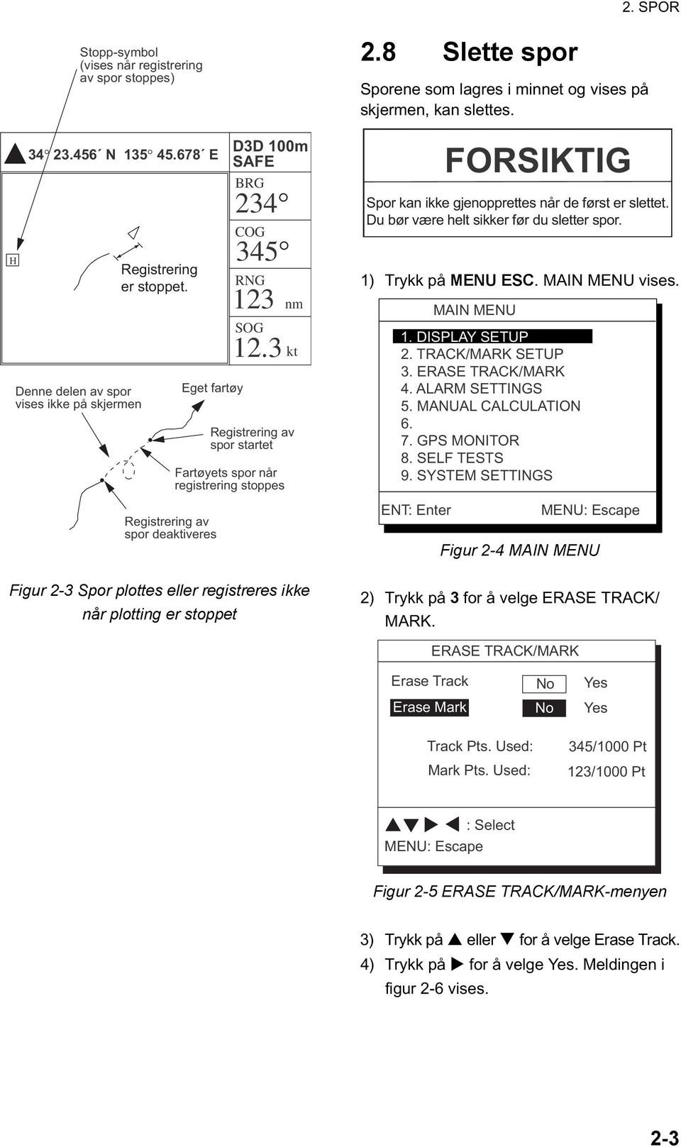 3 nm kt Registrering av spor startet Fartøyets spor når registrering stoppes 2.8 Slette spor Sporene som lagres i minnet og vises på skjermen, kan slettes. 1) Trykk på MENU ESC. MAIN MENU vises.