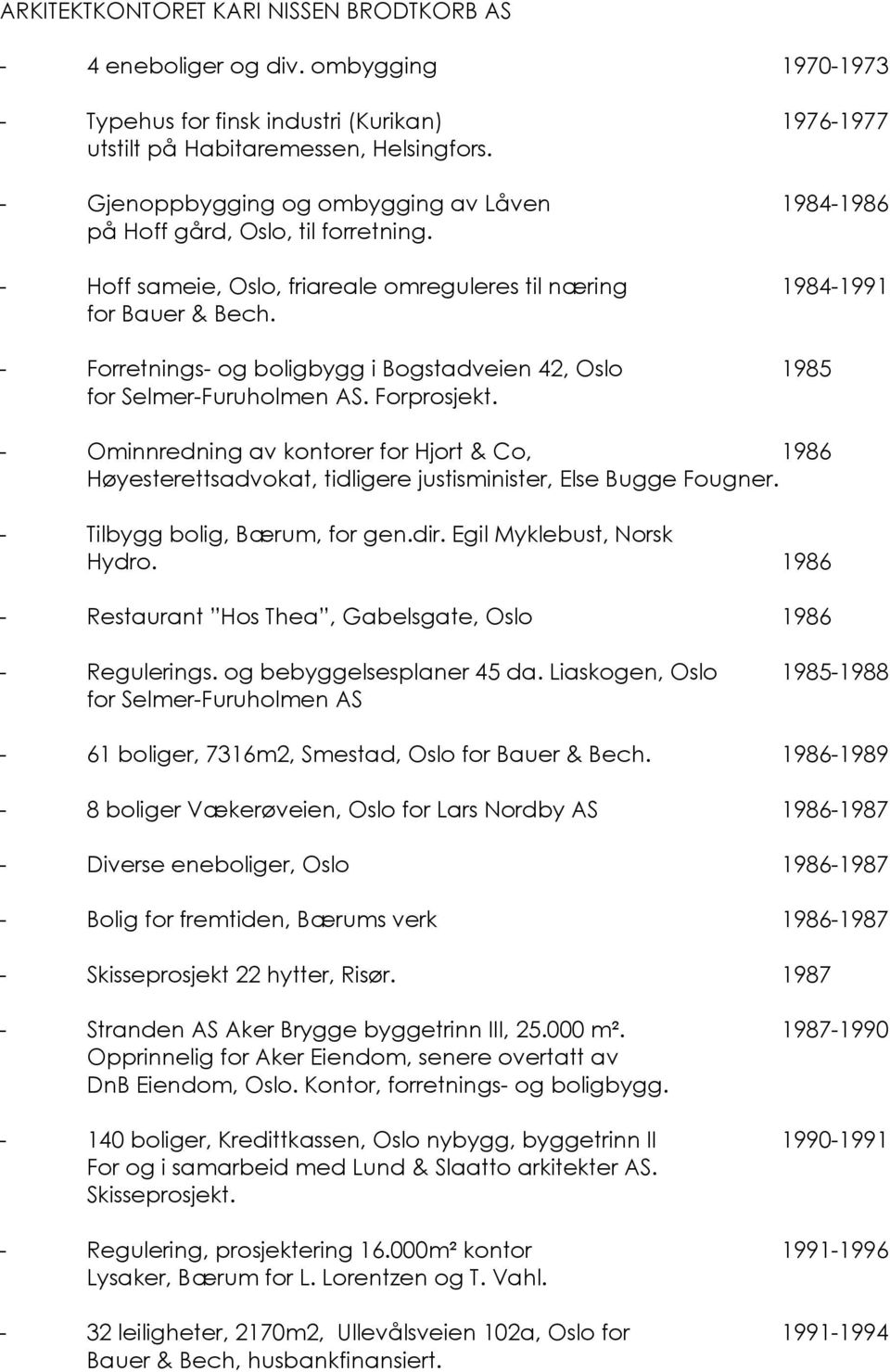 - Forretnings- og boligbygg i Bogstadveien 42, Oslo 1985 for Selmer-Furuholmen AS. Forprosjekt.