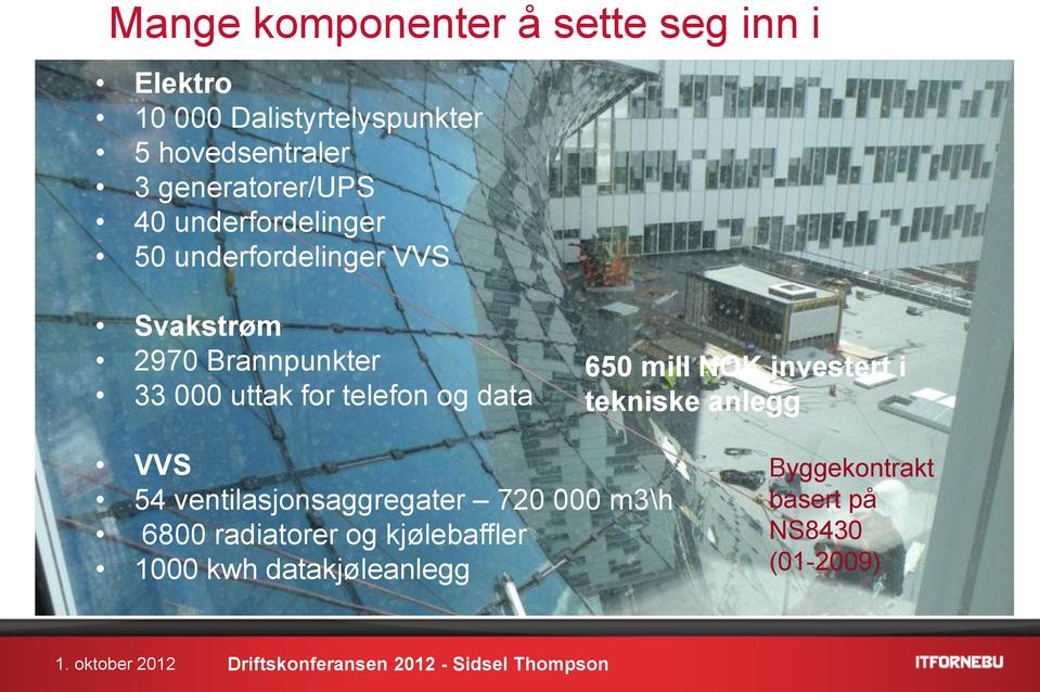 uttak for telefon og data 650 mill NOK investert i tekniske anlegg VVS 54 ventilasjonsaggregater
